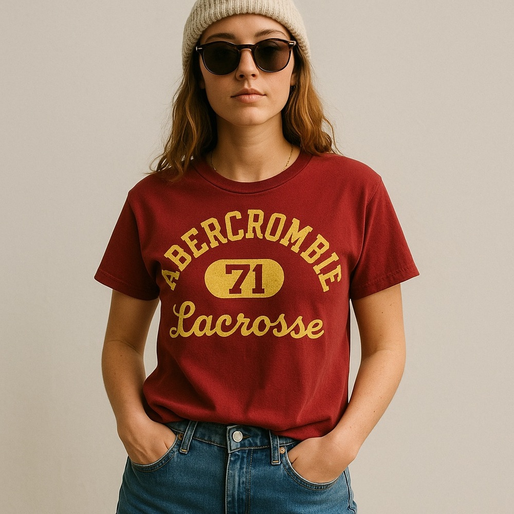 Y2K Abercrombie & Fitch Red Lacrosse Tee Size S 90s Graphic Crew Neck
